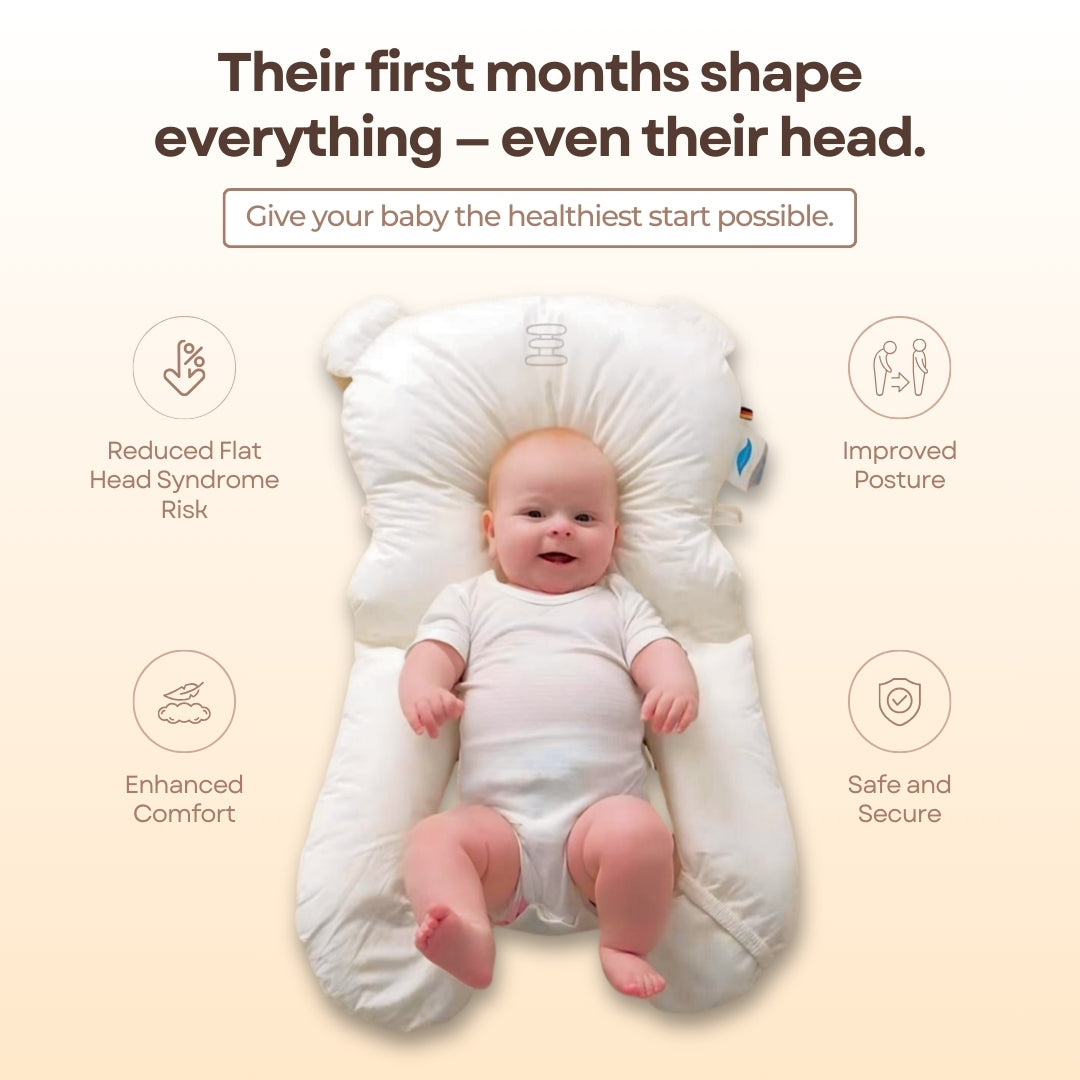 Baby lying on a white pillow with text about its benefits on a beige background