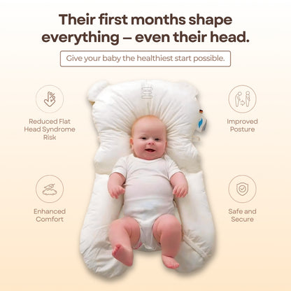 Baby lying on a white pillow with text about its benefits on a beige background