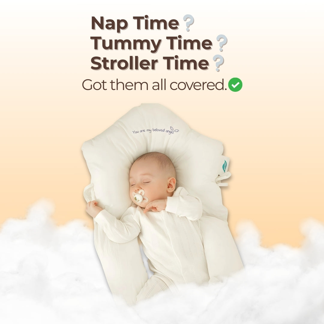 Baby sleeping in a stroller with text about different sleep times and a checkmark.